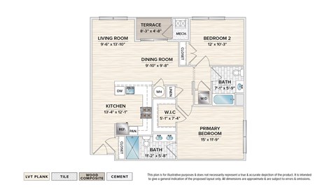 Floor plan for 2 beds, 2 baths, 1074 sqft